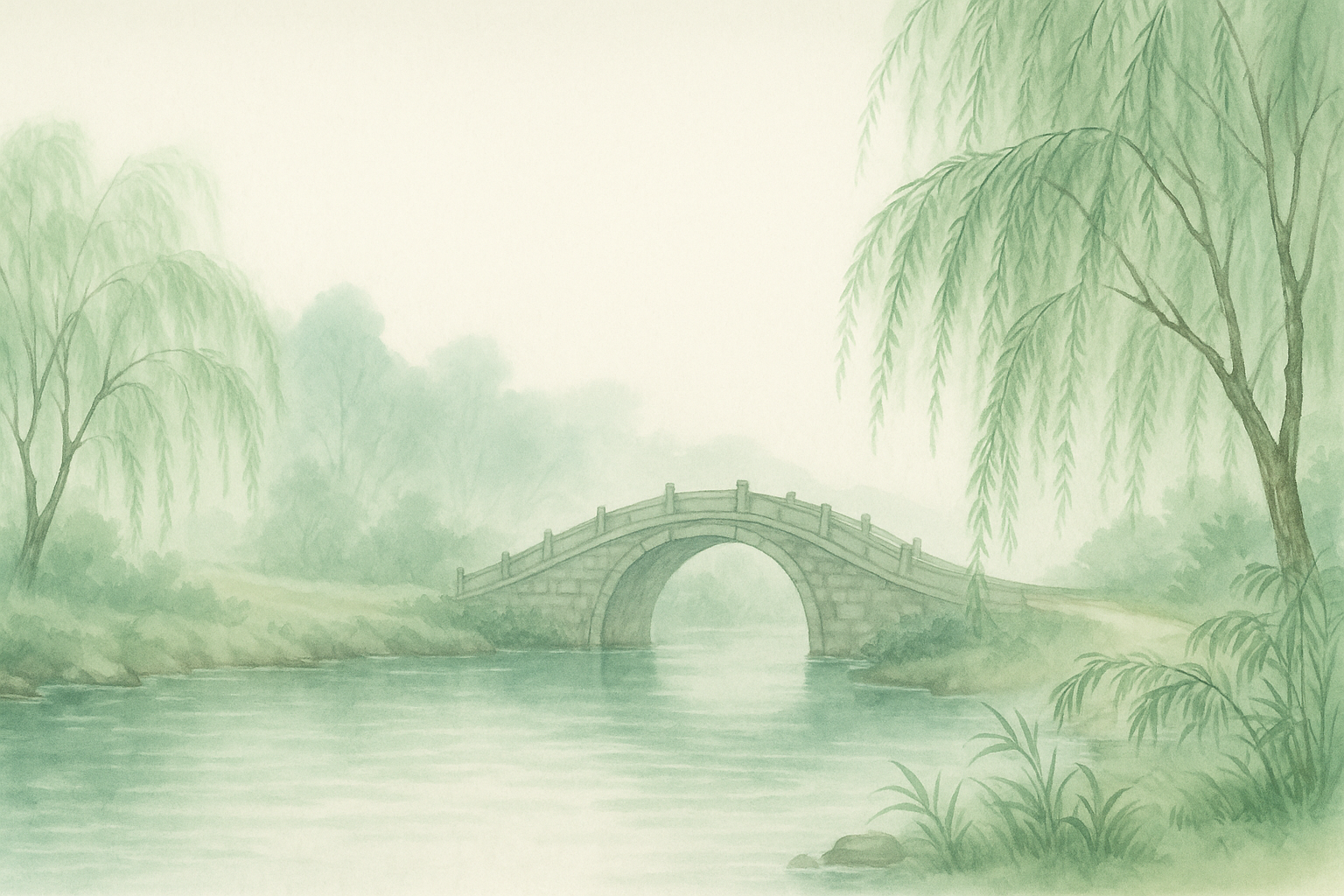 Water-color illustration of a tranquil bridge over calm water