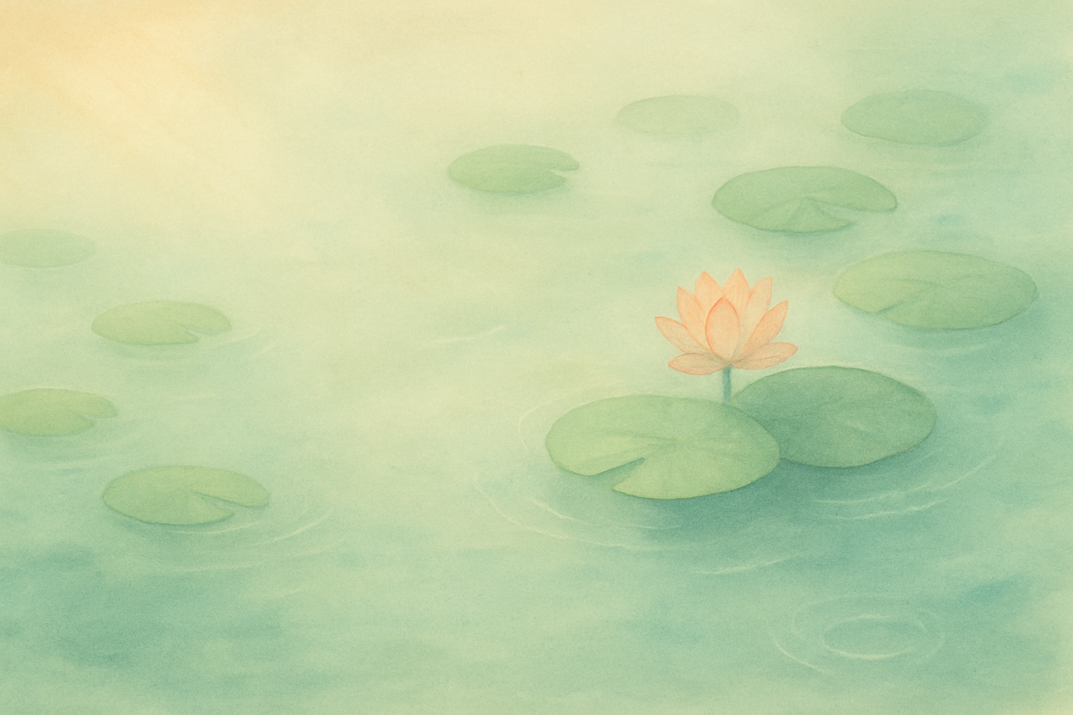 Water-color illustration of a tranquil lily-pond with a single lotus bloom